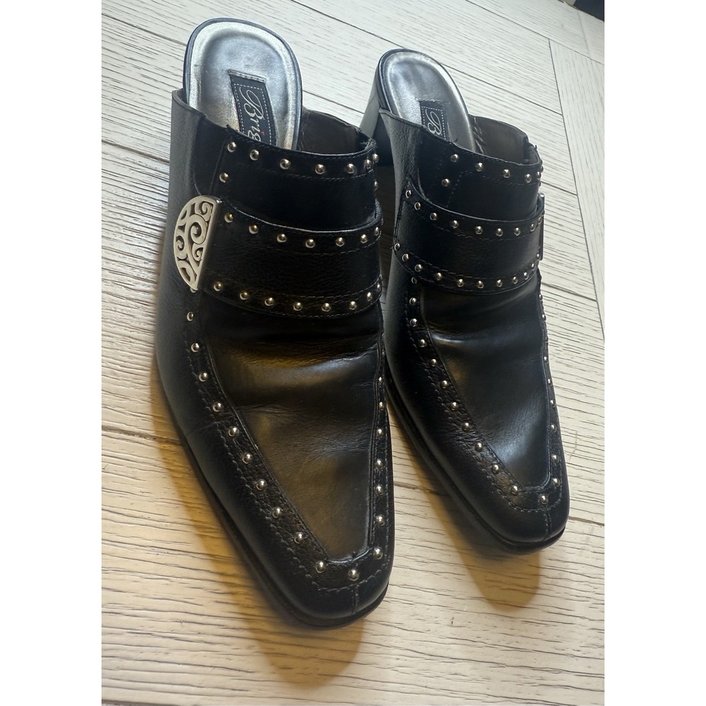 Brighton Womens Mules Slip Ons Black Leather Studed Bling Block Heel Slides7.5M